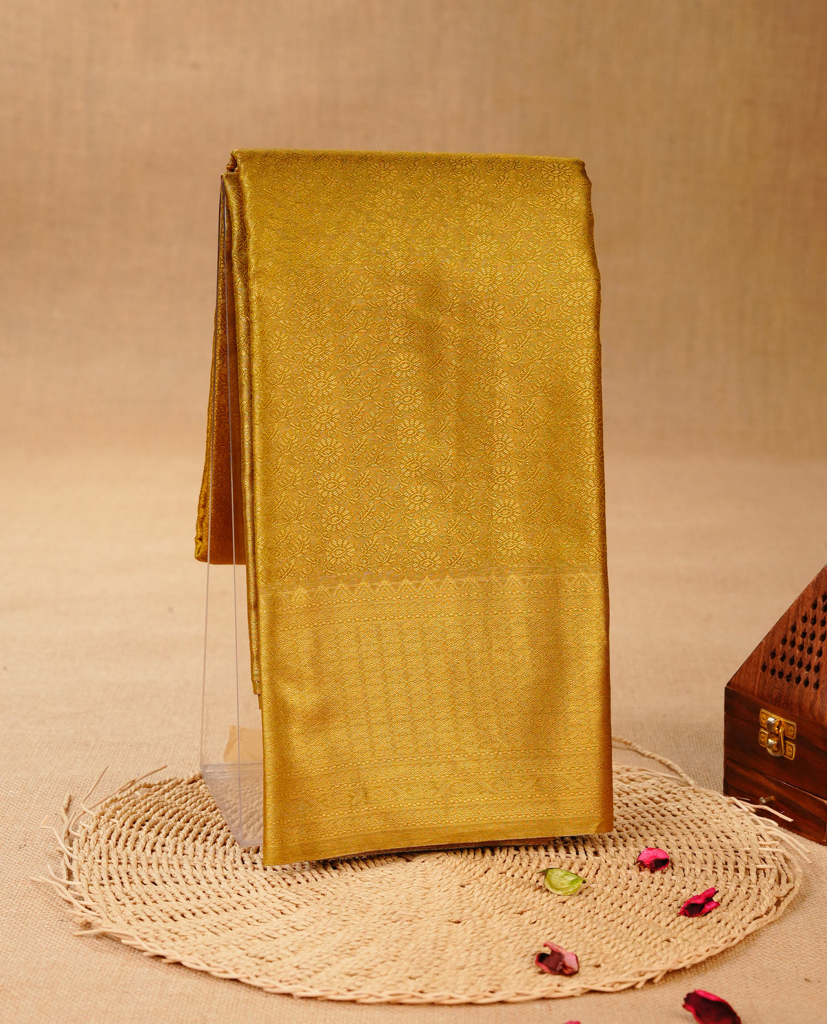 Olive & Gold colour Double shade Semi tissue silk saree featuring self color kodi pattern on body, self colour with Fancy border, paired with matching.