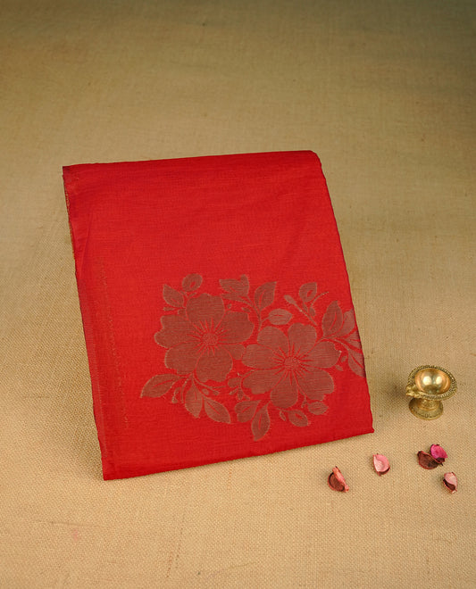 Brick Orange colour semi silk saree featuring Gold zari Floral pattern on body, complemented by contrast colour with Gold zari border, comes with matching blouse piece.