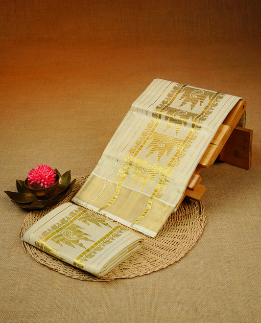 Cream Colour tissue set mundu featuring a Striped body, enhanced with Gold Zari Design & gold zari kara.