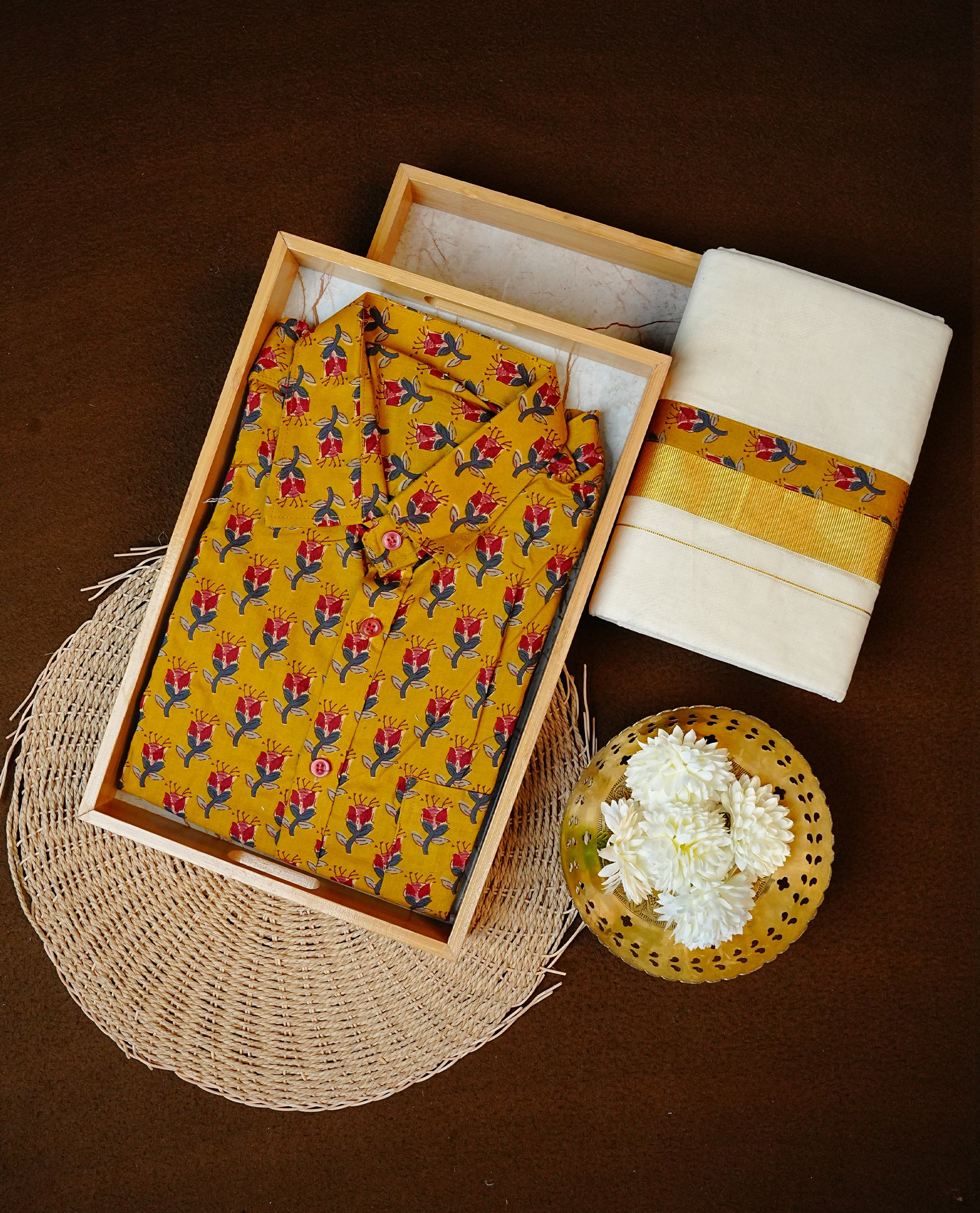 Mustard Colour  Full-Sleeve Shirt With Floral Prints, Paired with a Cotton Double Dhoti Featuring Matching Prints.