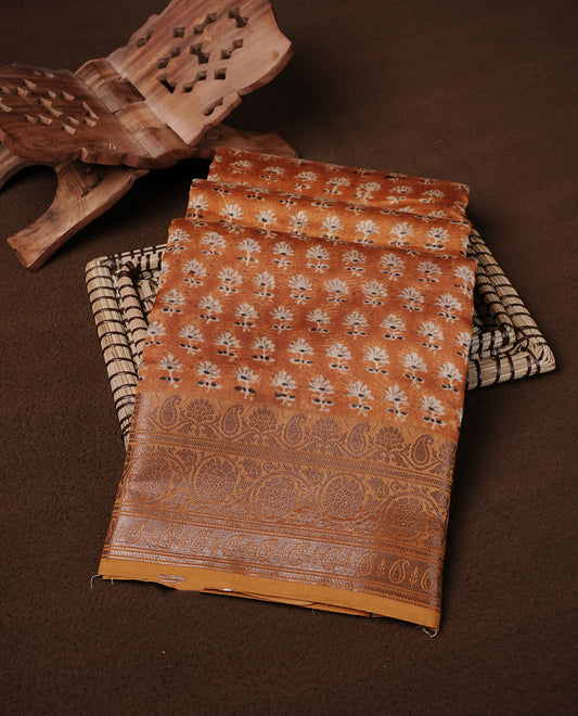 Mustard Colour Chanderi Silk Saree Featuring Floral Print On Body, Complemented by Self Colour with Antique Zari Border, Paired With Matching blouse Piece.