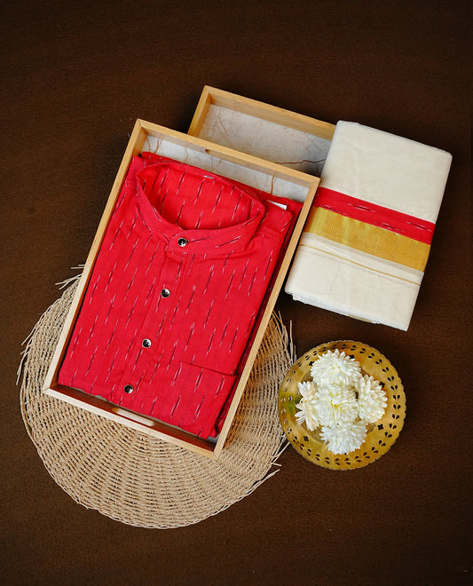 Red Colour Full-Sleeve Kurtha with Strip Prints, Paired with a Cotton Double Dhoti Featuring Matching Prints.