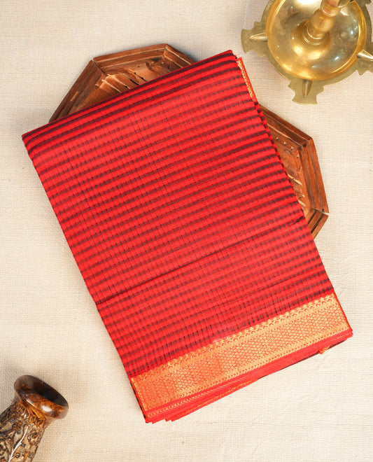 Red  Mangalagiri cotton saree featuring elegant Black stripes On Body , a Two Inch Gold  zari border & pallu, Paired With a matching blouse piece.