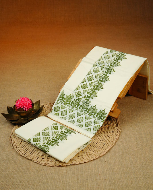 Cream colour Cotton set mundu With plain, Featuring Design printed kara.
