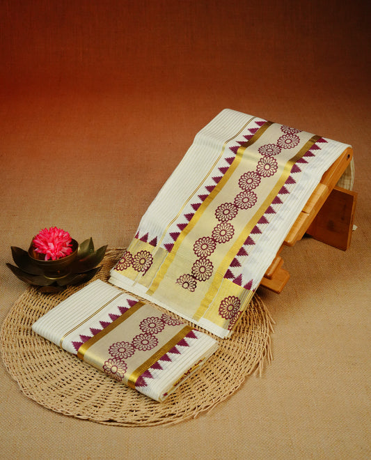 Cream colour cotton set mundu Featuring Gold zari Strips on body, complemented by Gold with Floral print kara.
