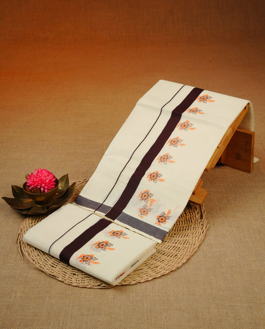 Cream colour cotton Set Mundu With Plain body, enhanced with Chocolate brown with printed kara.