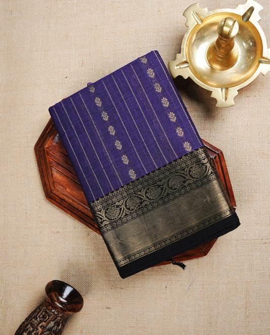 Violet colour chettinad cotton saree featuring Stripes  on body, complemented by Contrast Black Colour With Gold Zari border, paired with matching blouse piece.