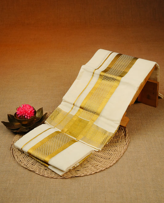 Cream colour cotton set mundu with plain body, featuring Gold zari Box pattern kara.