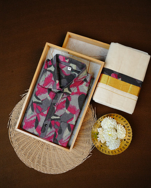 Black and Purple Colour Printed Full-Sleeve Shirt, Paired with a Cotton Double Dhoti Featuring Matching Prints.