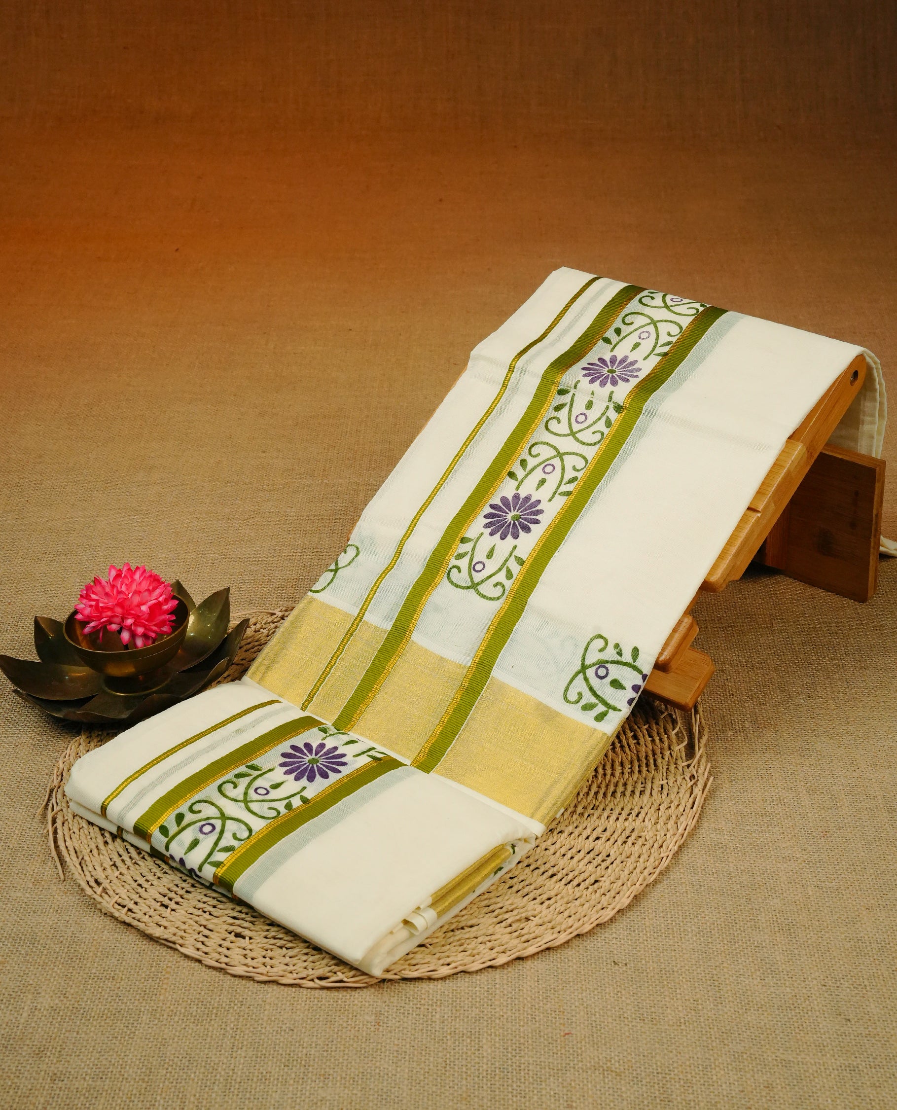 Cream colour cotton Set Mundu With Plain body, enhanced with Gold zari & Green colour design printed kara.