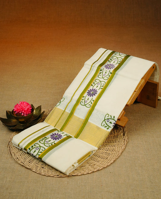 Cream colour cotton Set Mundu With Plain body, enhanced with Gold zari & Green colour design printed kara.