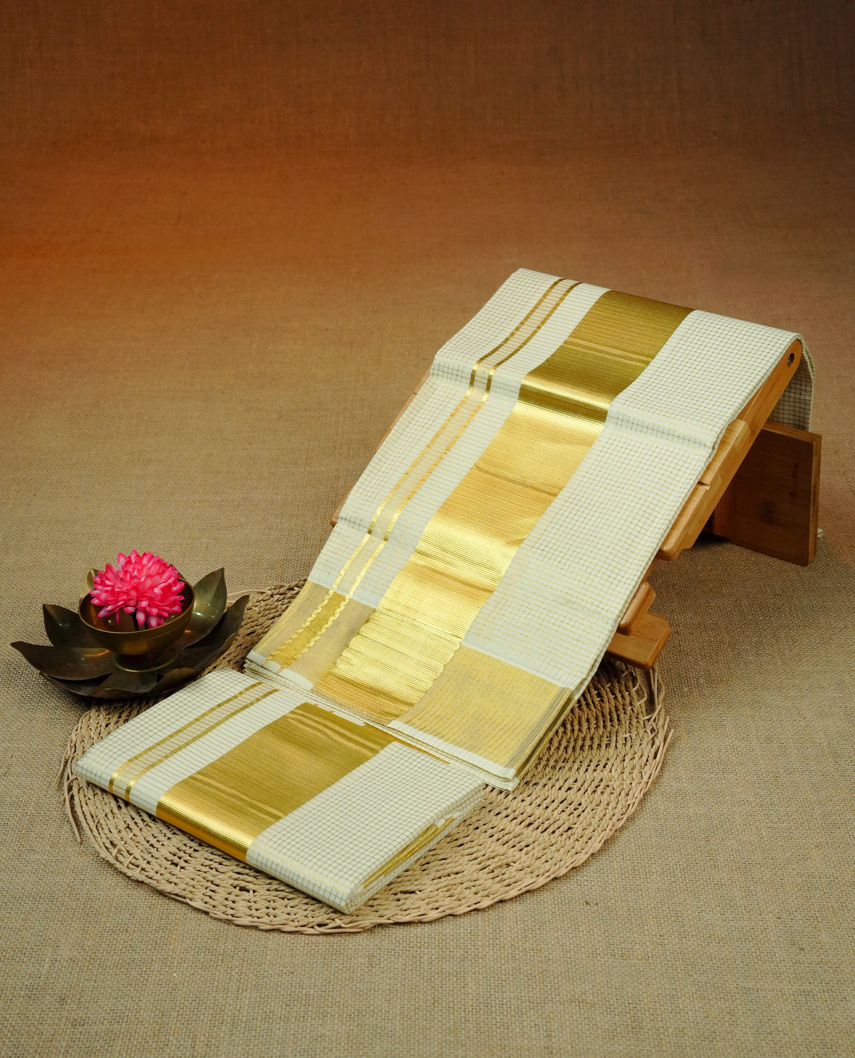 Cream colour cotton Set Mundu With gold zari check body, enhanced with Gold kasavu kara.