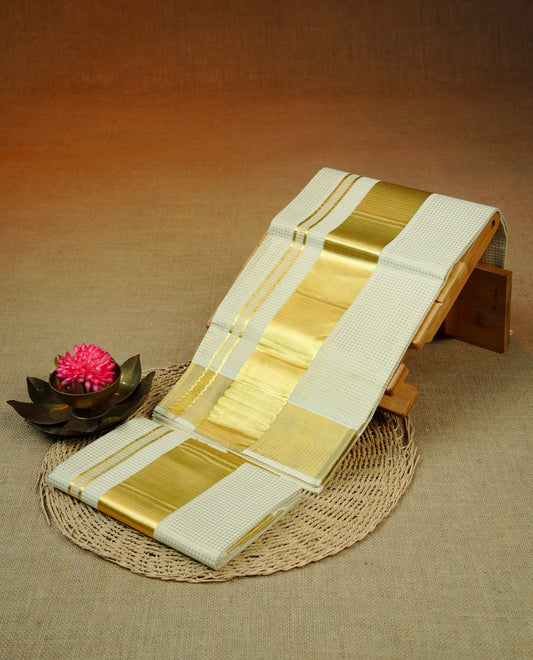 Cream colour cotton Set Mundu With gold zari check body, enhanced with Gold kasavu kara.