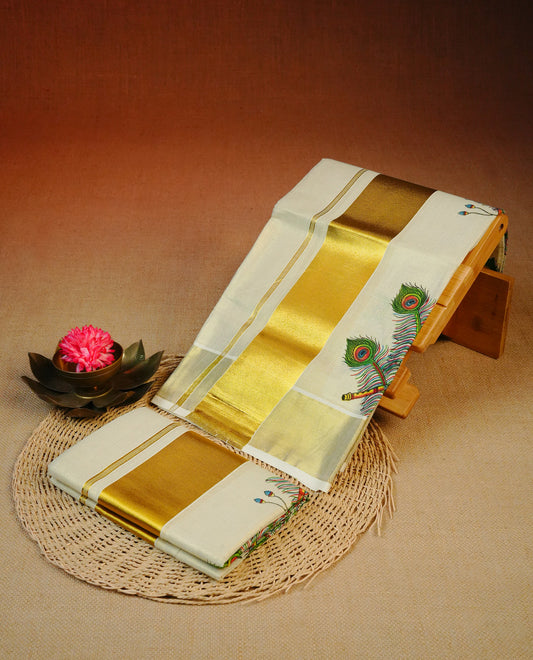 Cream Colour  tissue set mundu featuring a plain body, enhanced with elegant peacock feather and flute prints with a rich gold zari kara.