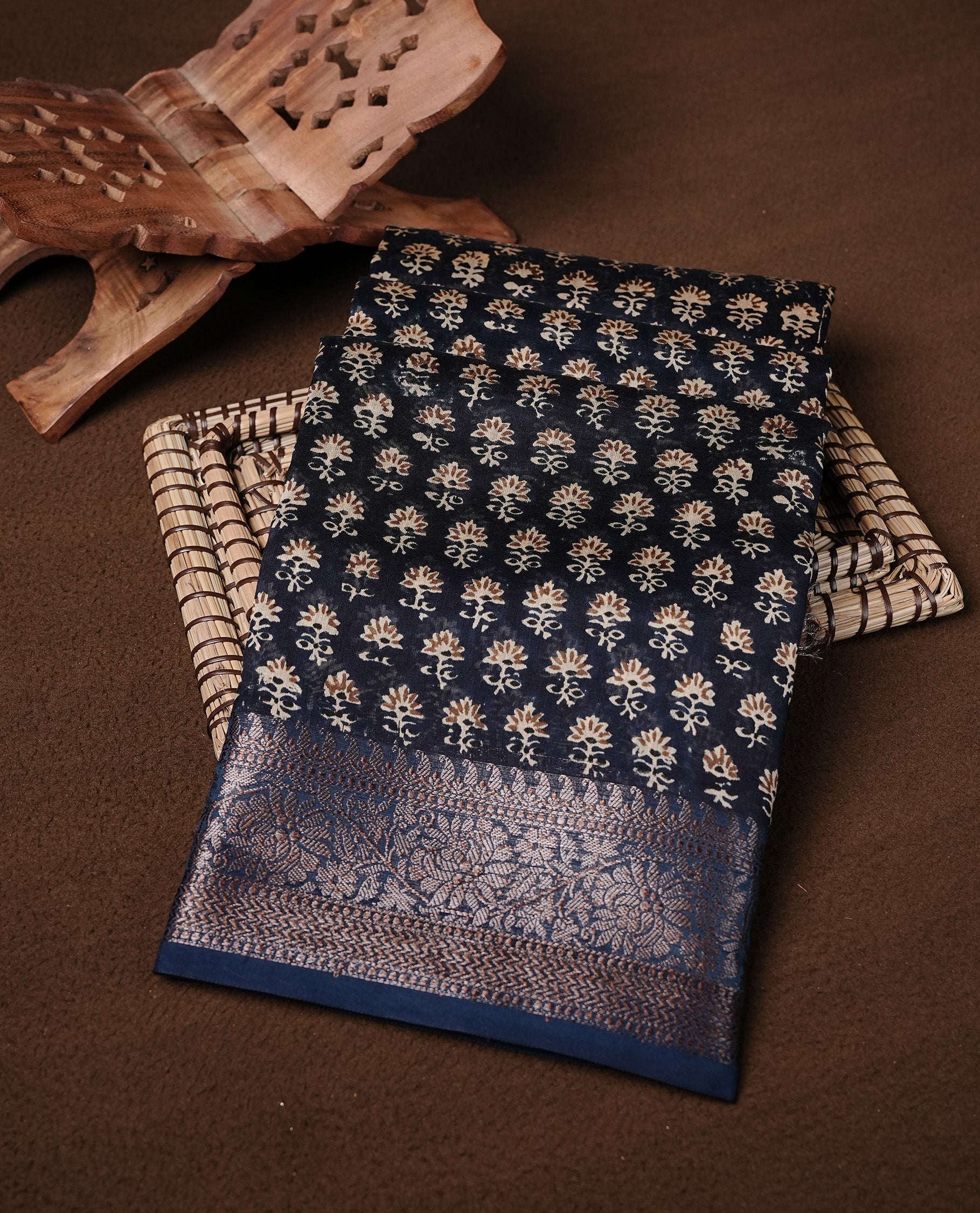 Dark Teal Colour Chanderi Silk Saree Featuring Floral Print On Body, Complemented by Self Colour with Antique Zari Border, Paired With Matching blouse Piece.