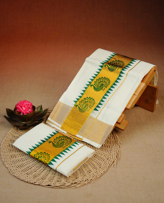 Cream colour cotton Set Mundu With Plain body, enhanced with Gold zari & Peacock printed kara.