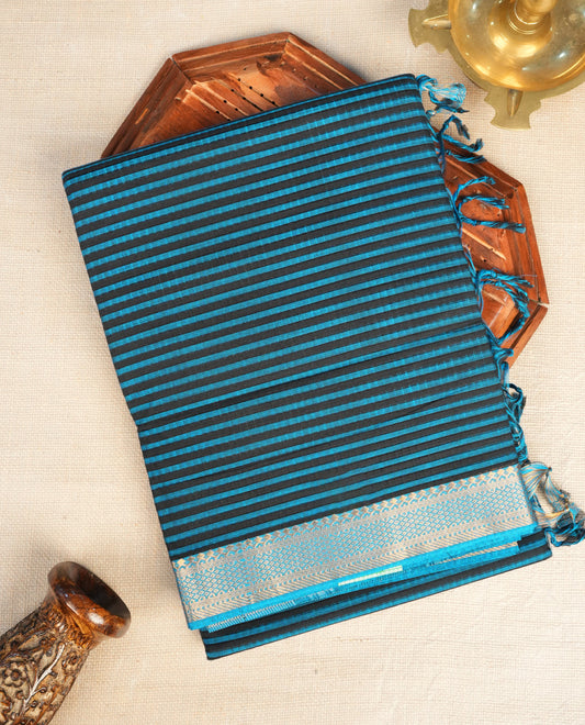 Black  Colour Mangalagiri cotton saree featuring elegant blue stripes Across The Body , a Two Inch Gold  zari border & Gold Zari Pallu, Paired With a matching blouse piece.