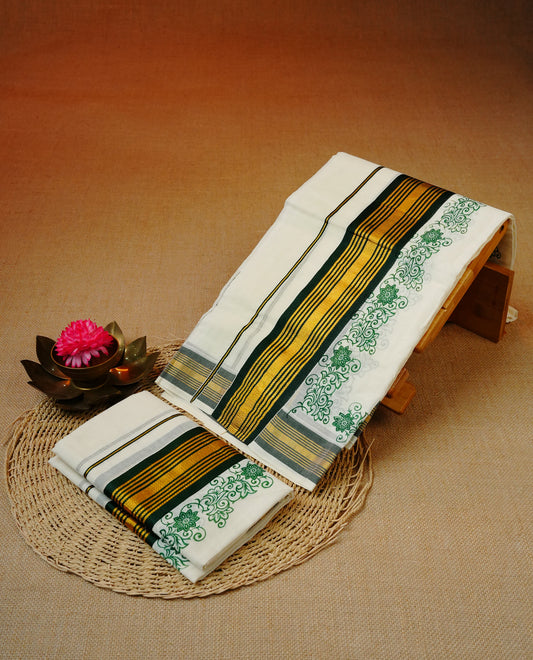 Cream colour cotton set mundu featuring Gold & green kara with floral print.