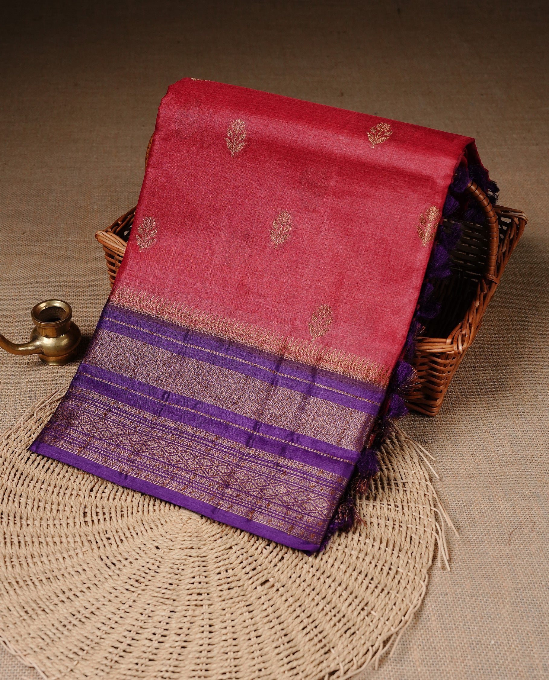Red colour Pure Banaras Tussar silk saree Featuring Gold zari buttas on body, complemented by Contrast Purple colour with zari border, paired with matching blouse piece.