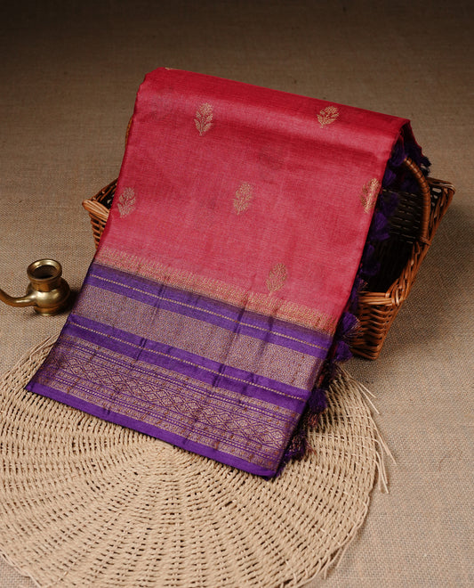 Red colour Pure Banaras Tussar silk saree Featuring Gold zari buttas on body, complemented by Contrast Purple colour with zari border, paired with matching blouse piece.