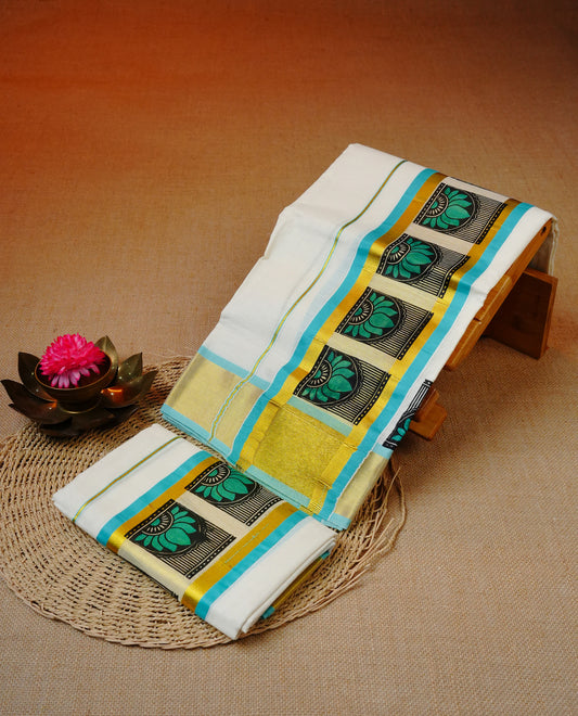Cream colour cotton set mundu Kasav kara with Blue design print.