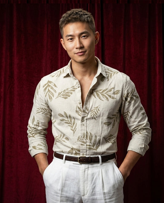 Cream colour shirt designed with olive color leaf print on body, adored with full sleeve