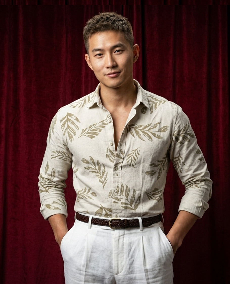 Cream colour shirt designed with olive color leaf print on body, adored with full sleeve