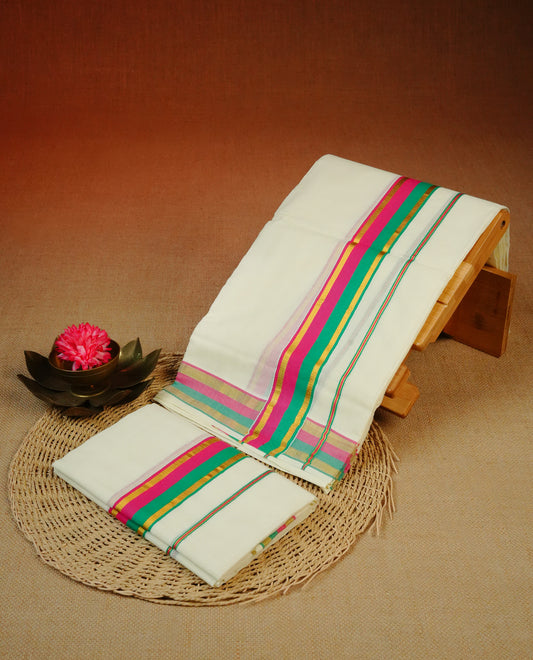 Cream colour Cotton set mundu With plain body, enhance gold zari with Green, Pink kara.