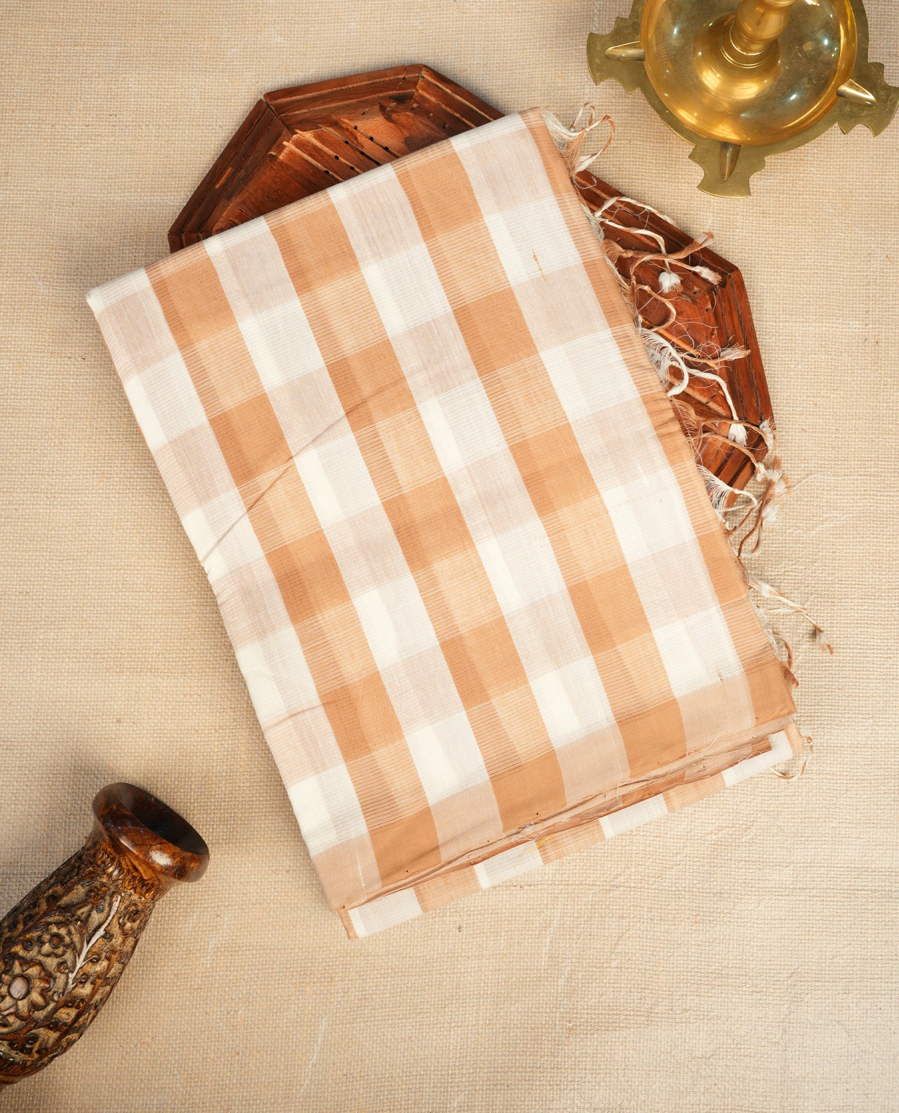 Cream  & Light Brown  Colour Mangalagiri cotton saree  Featuring Check Pattern On Body , WithOut border & Contrast Striped Pallu. Paired with a matching blouse piece