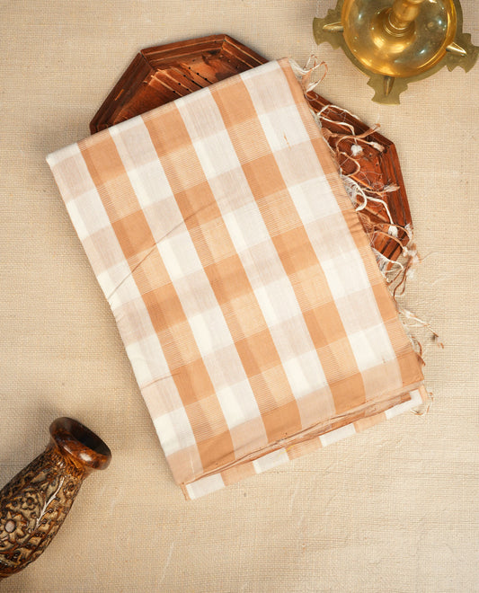 Cream  & Light Brown  Colour Mangalagiri cotton saree  Featuring Check Pattern On Body , WithOut border & Contrast Striped Pallu. Paired with a matching blouse piece