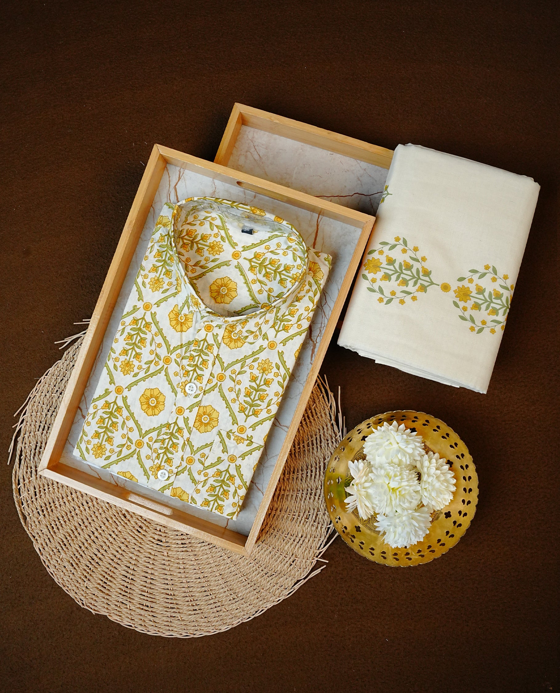 Cream Colour Floral Kodi Printed Half-Sleeve Shirt, Paired with a Cotton Double Dhoti Featuring Matching Prints.