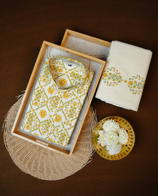 Cream Colour Floral Kodi Printed Half-Sleeve Shirt, Paired with a Cotton Double Dhoti Featuring Matching Prints.