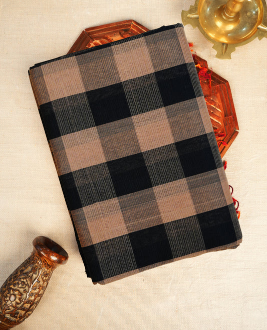 Black & Light Brown  Colour Mangalagiri cotton saree  Featuring Large  Check Pattern On Body , WithOut border & Contrast Striped Pallu. Paired with a matching blouse piece