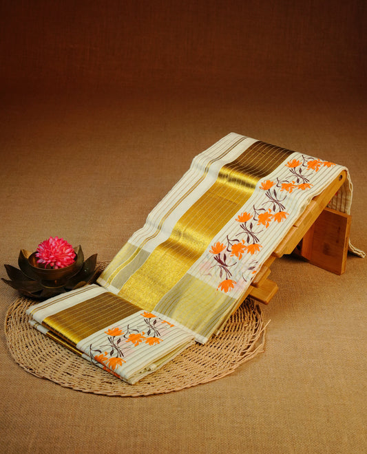 Cream colour cotton set mundu featuring Gold zari strip on body, kasav with orange floral printed kara.