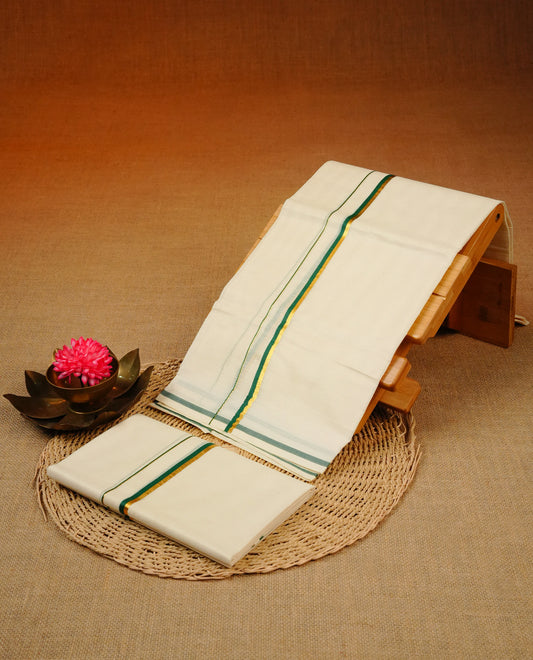 Cream colour cotton set mundu with plain body, featuring Gold zari & green simple kara.