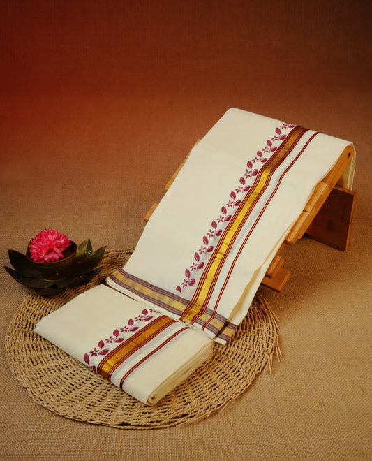 Cream colour Cotton set mundu With plain body, enhance gold zari with Maroon print & Maroon kara.