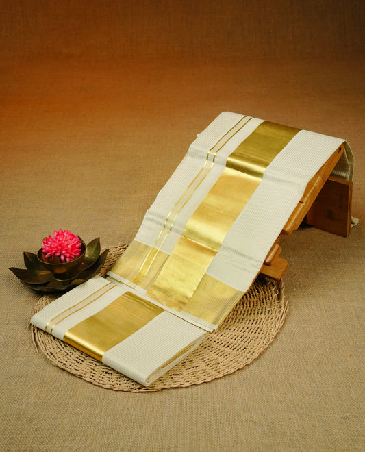 Cream colour cotton Set Mundu With Gold zari Strips on body, enhanced with Classic gold kasavu kara.