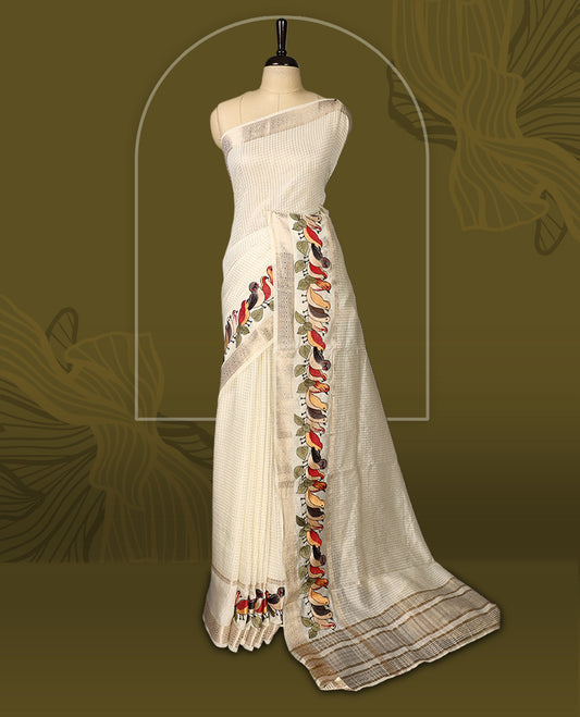 Off White viscose saree featuring subtle checkered patterns and a beautifully embroidered bird motif border, paired with a rich pallu & perfect for festive occasions, celebrations, and elegant gatherings.