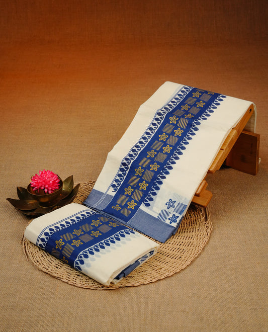 Cream colour Cotton set mundu With plain body, enhance blue colour print & Gold kara.