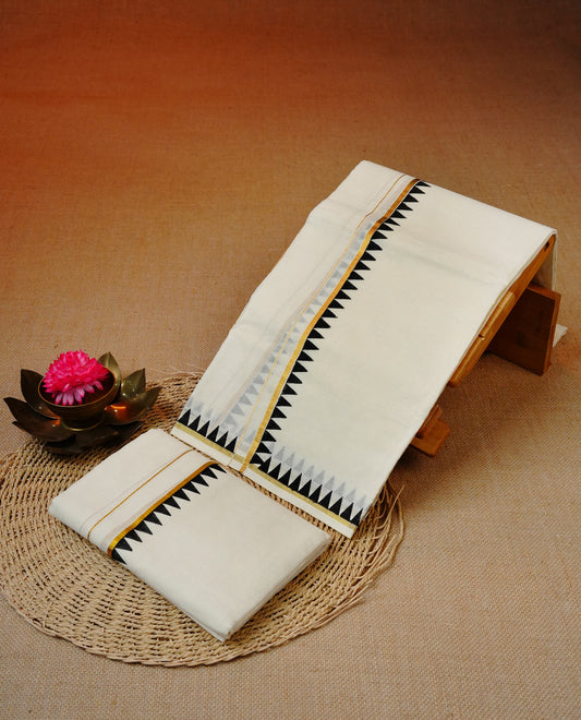 Cream colour cotton set mundu featuring gold zari with black temple printed border.