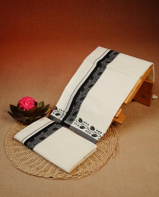 Cream colour cotton Set Mundu With Plain body, enhanced with Black & kodi Printed kara.
