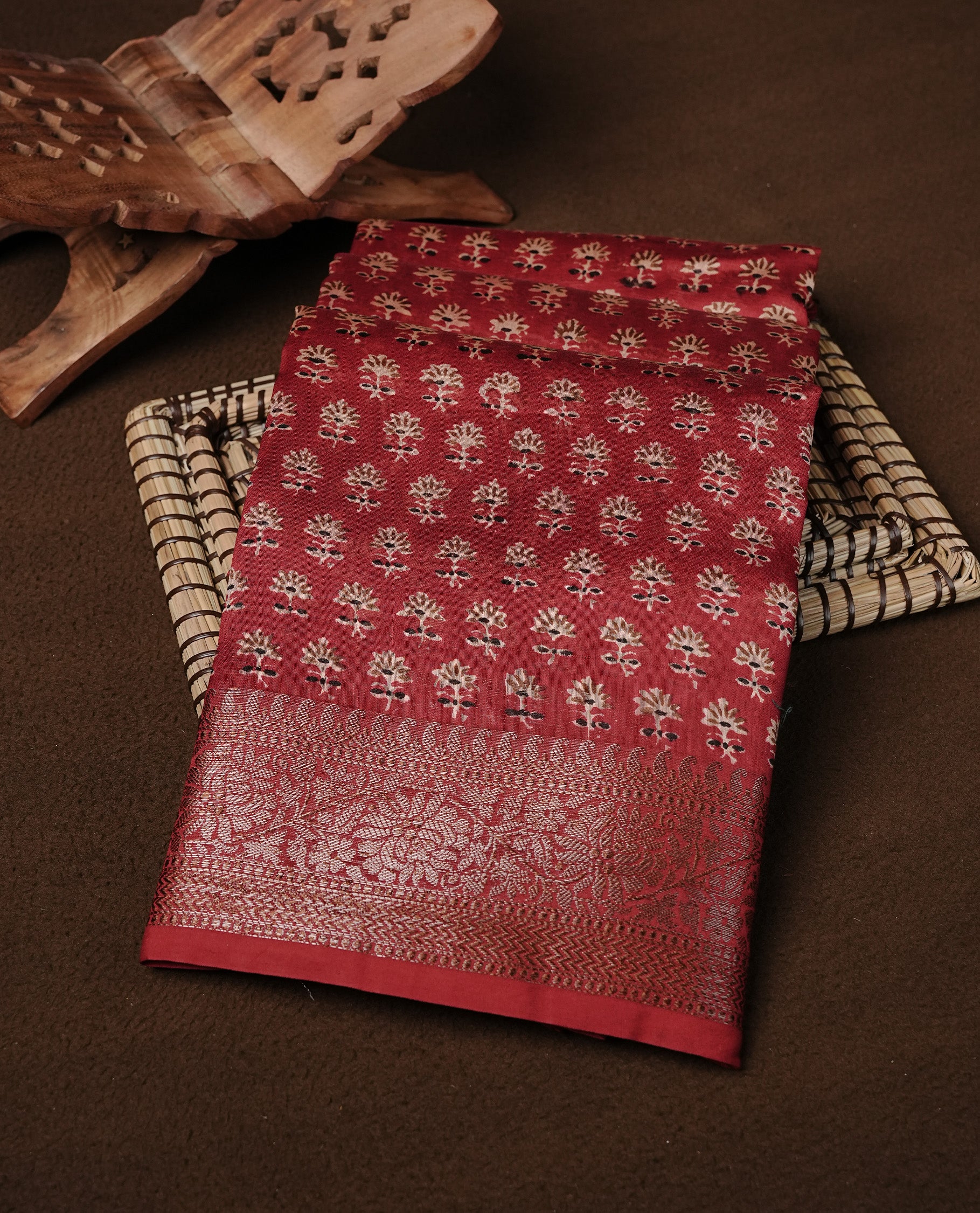Maroon Colour Chanderi Silk Saree Featuring Floral Print On Body, Complemented by Self Colour with Antique Zari Border, Paired With Matching blouse Piece.