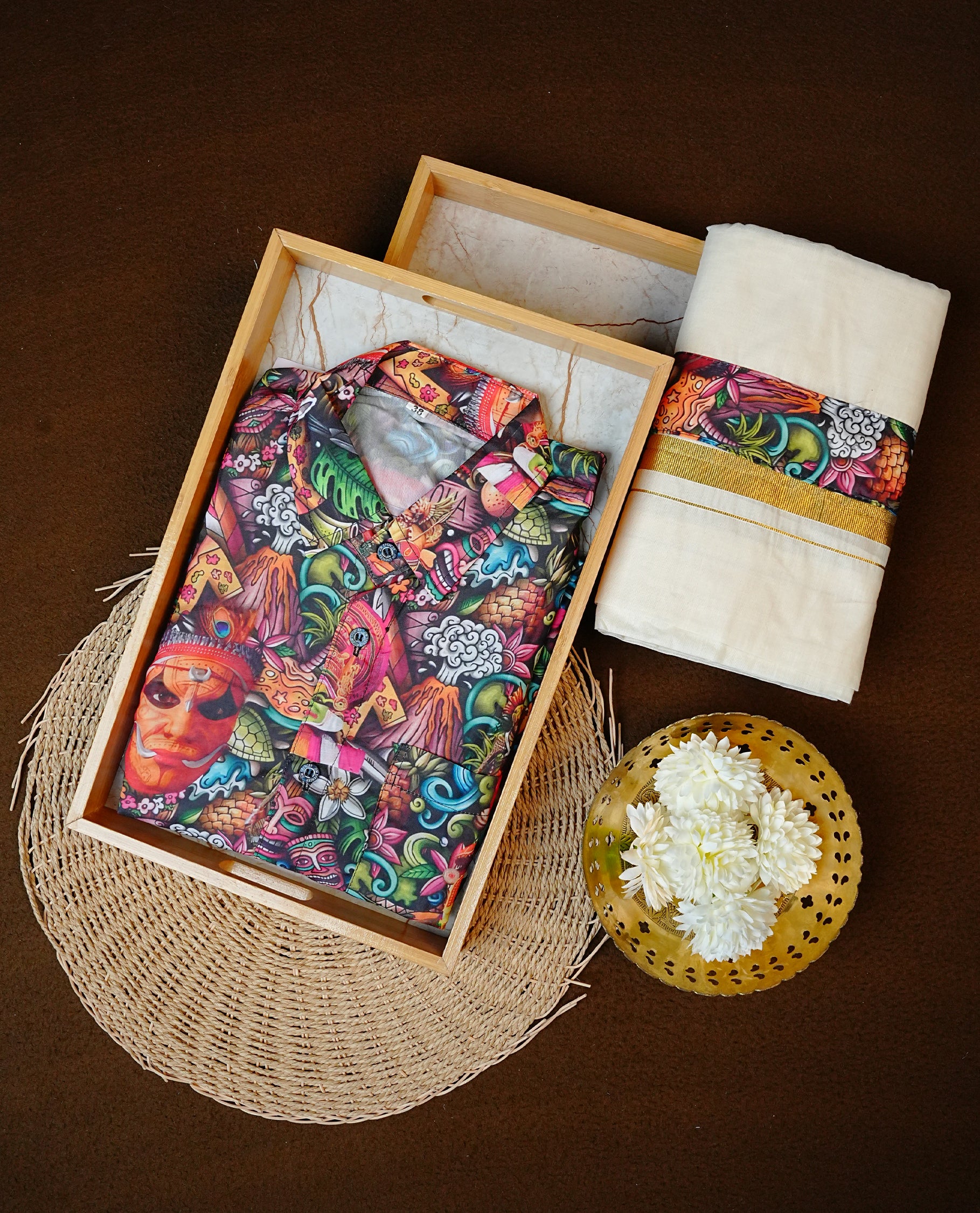 Kerala Art Form Printed Half-Sleeve Shirt, Paired with a Cotton Double Dhoti Featuring Matching Prints.