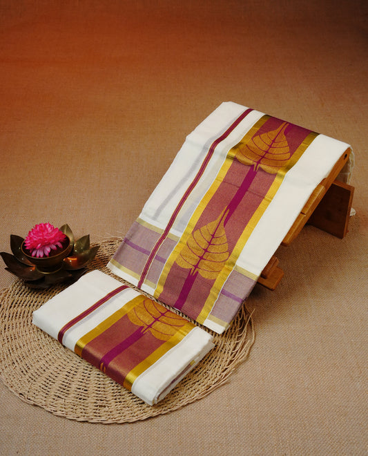 Cream colour Cotton Set mundu featuring gold Leaf print on maroon & gold Border.