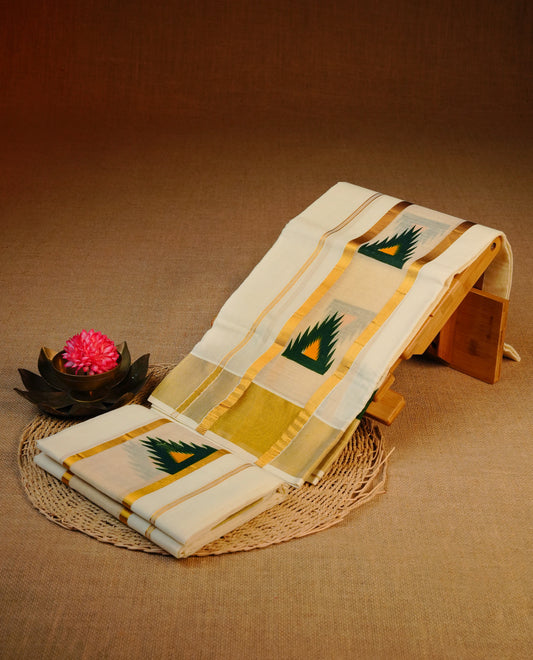 Cream colour cotton set mundu Kasav kara with green colour temple design print.