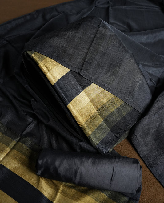 Black colour churidhar material featuring elegant horizontal stripes on the yoke and dupatta, woven in shades of Green and Black & Paired with a matching plain bottom