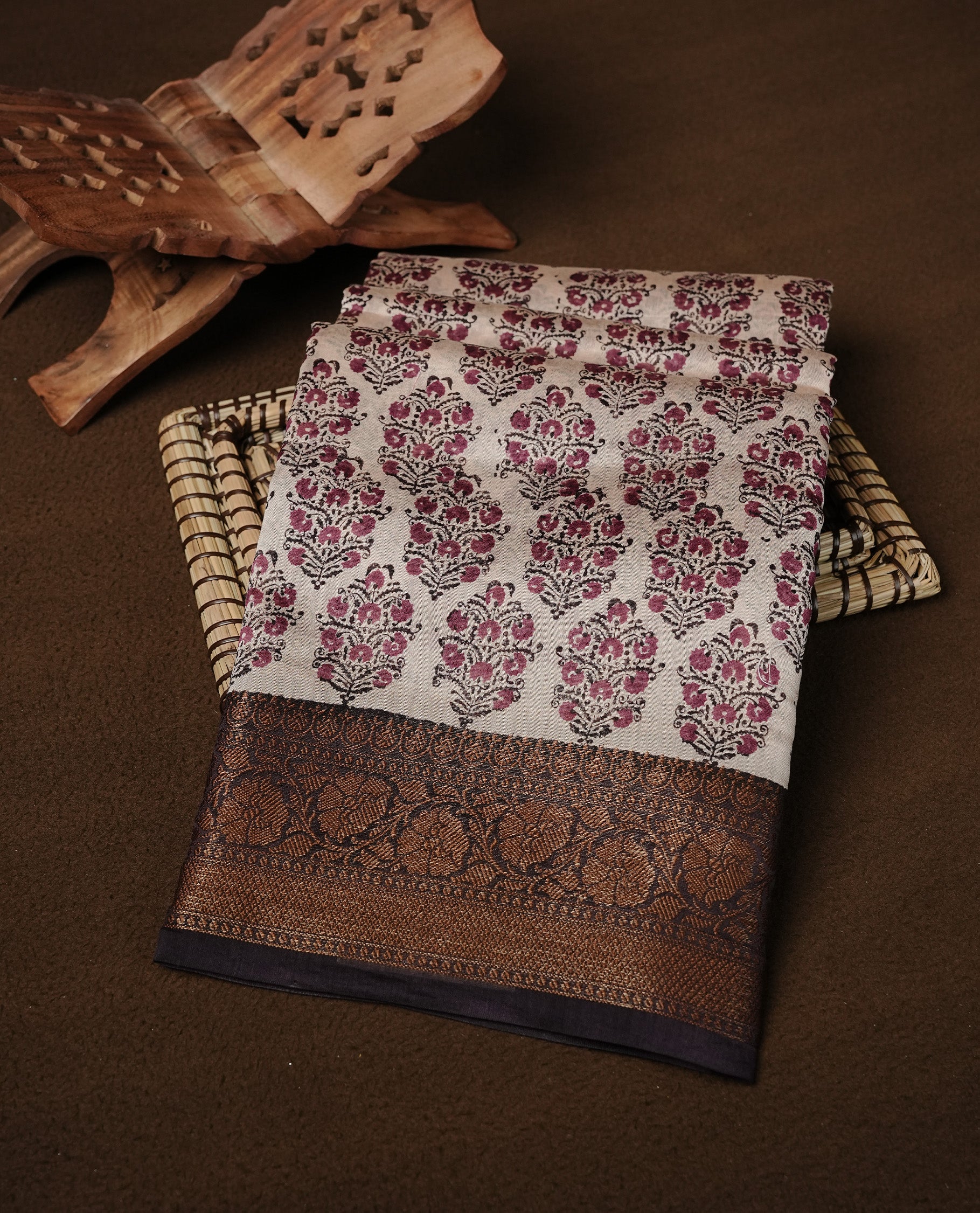 Beige Colour Chanderi silk saree featuring Block print on body, complemented by Contrast Dark Maroon colour with Antique zari border, paired with matching blouse piece.