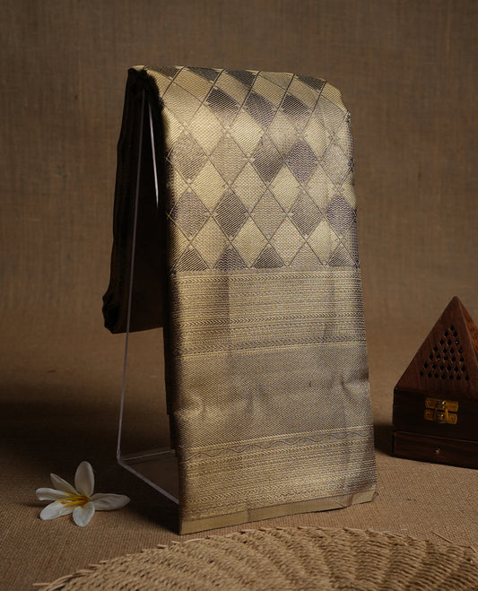 Gray & gold double shade colour kancheepuram tissue silk saree highlighting gold Geometric zari pattern body, with self colour colour with traditional border and paired with matching blouse.