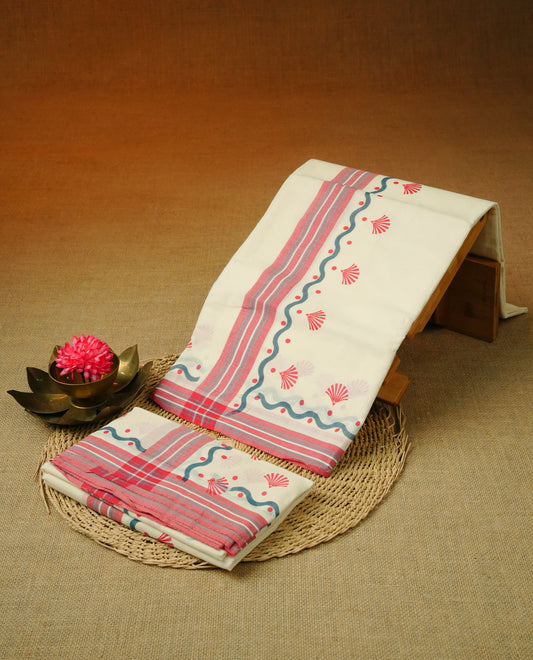 Cream colour cotton Set Mundu With Plain body, enhanced with Red & Dark grey Printed kara.
