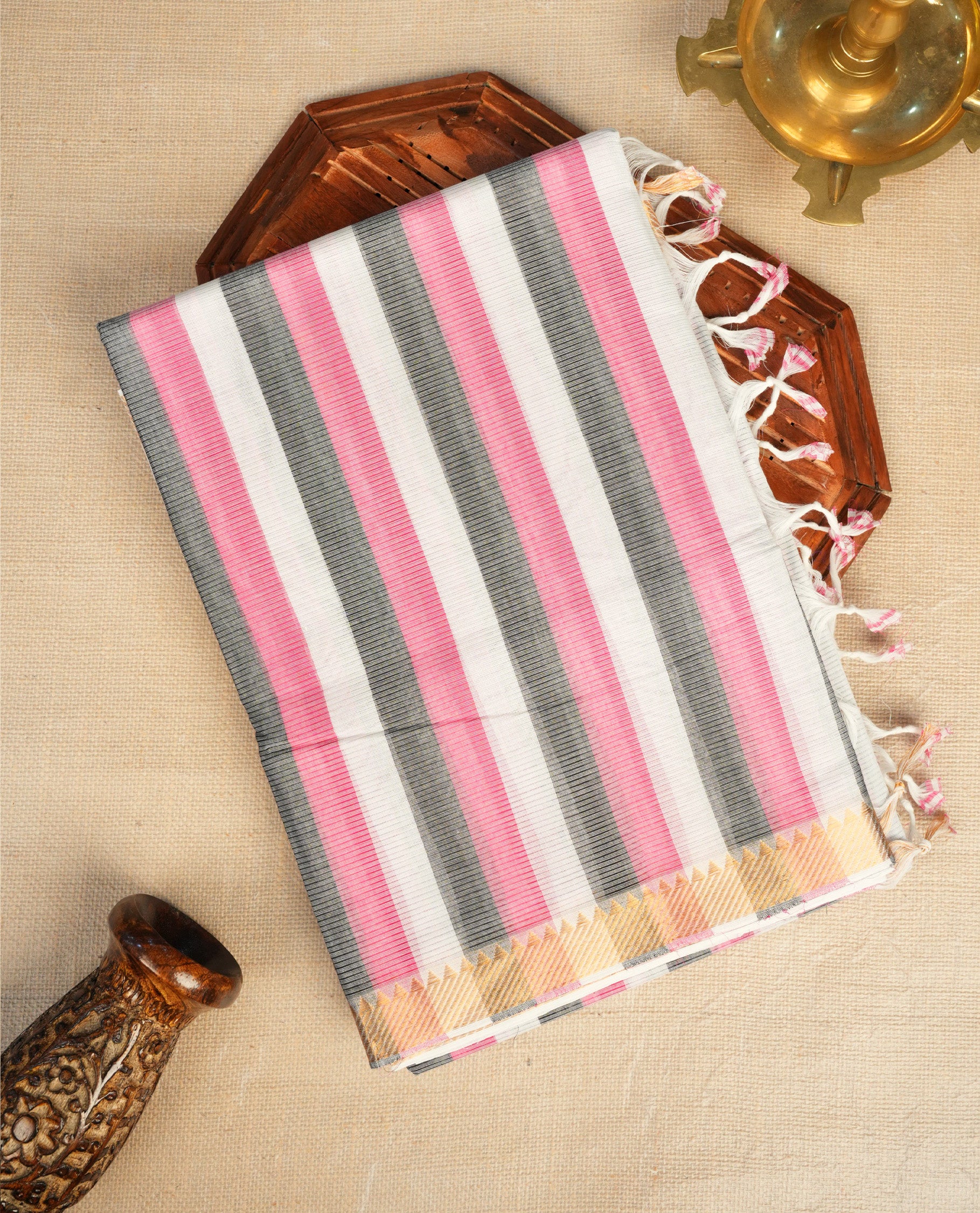 Pink ,White & Black Colour Mangalagiri Cotton Featuring Contrast stripes On Body, Complemented By Gold Zari border & Contrast Pallu ,Paired With Matching Blouse Piece.